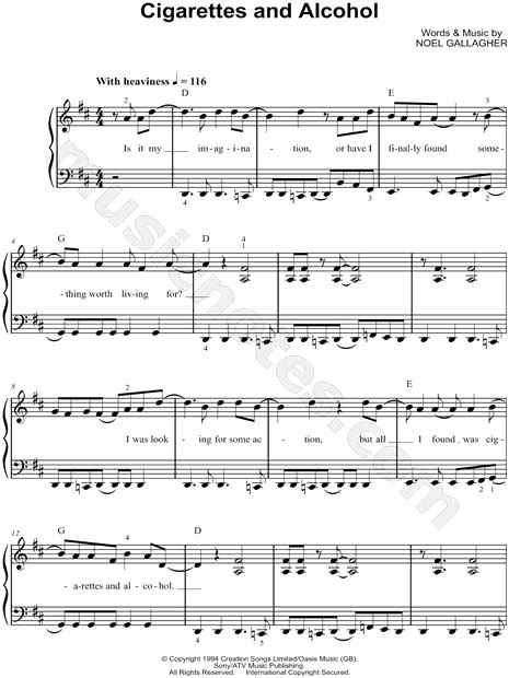Oasis Cigarettes And Alcohol Sheet Music Easy Piano In D Major