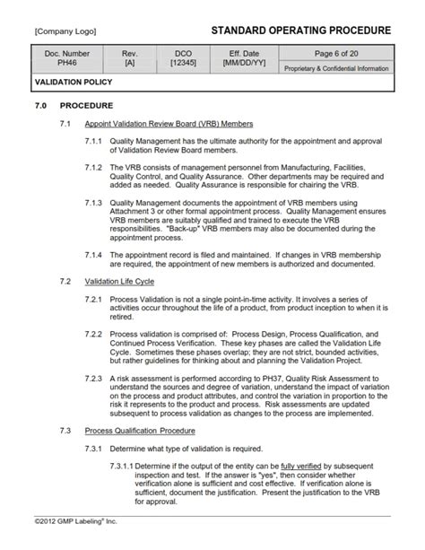 Validation Policy Sop Template Ph46 Gmp Qsr And Iso Compliance