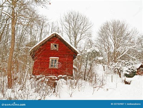 Very Old Red Wooden House In A Snowy Forest Stock Image Image Of
