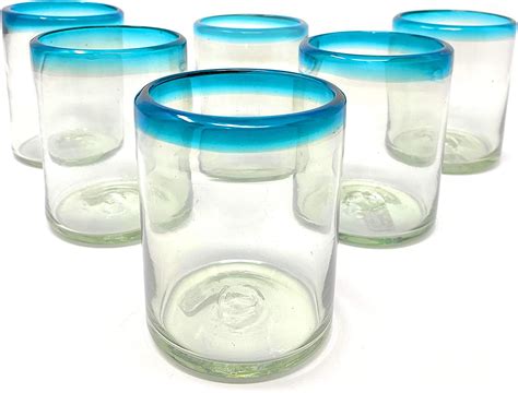 dos sueños hand blown mexican drinking glasses set of 6 tumbler glasses with aqua blue rims
