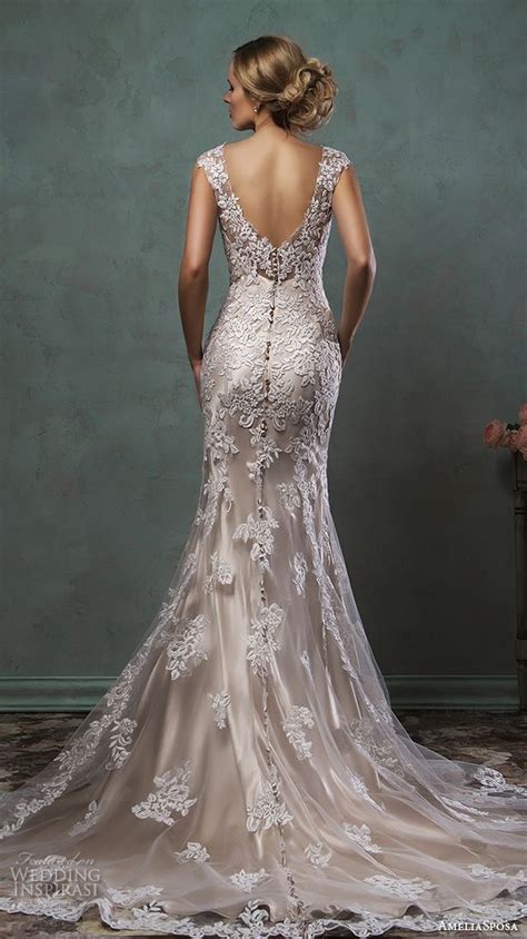 Amelia Sposa 2016 Wedding Dresses Cap Sleeves V Neck Lace Embroidery
