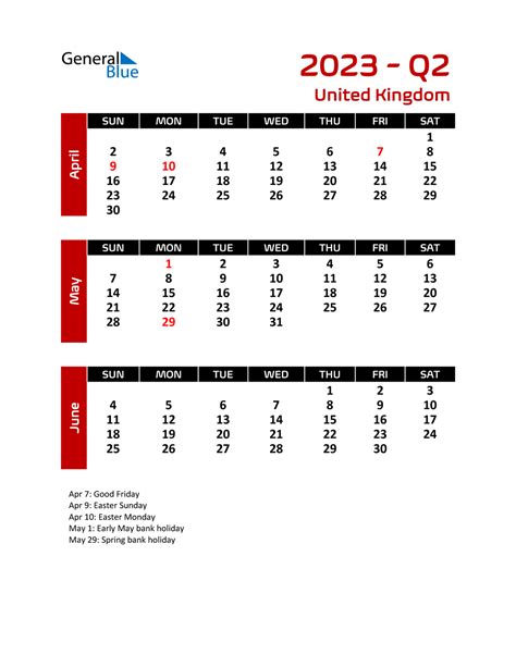 Q2 2023 Quarterly Calendar With United Kingdom Holidays