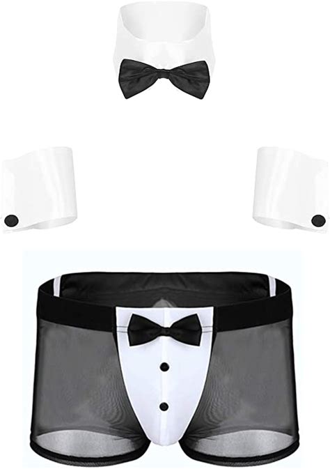 Yoojia Men Waiter Tuxedo Lingerie Set Bowtie Collar Cuffs With Mesh
