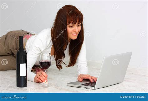 Woman With Wine And Laptop Computer Royalty Free Stock Images Image