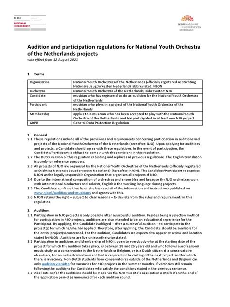 Audition And Participation Regulations Njo Pdf Audition Orchestras