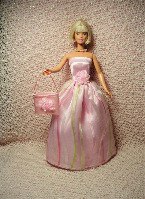 Barbie Clothes Pink Candy Stripe Satin Gown Purse Barbie Clothes