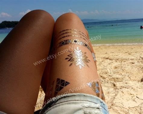 temporary tattoo flash gold and silver leaf chain sticker and