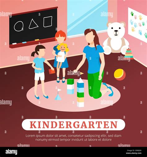 Kindergarten Poster With Children Teacher Room And Toys Flat Vector
