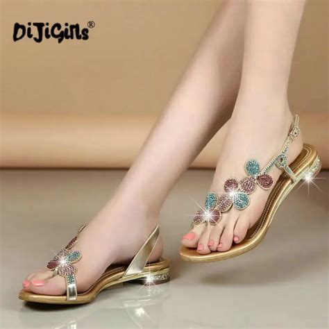 dijigirls new fashion summer genuine leather sandals women shoes with low heel rhinestone shoes