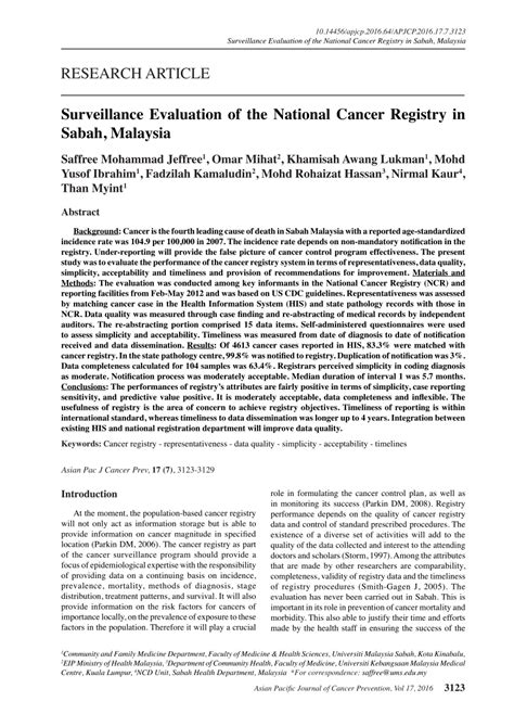 The 2015 national cancer registry will be reporting on cancer incidence of malaysia. (PDF) Surveillance Evaluation of the National Cancer ...