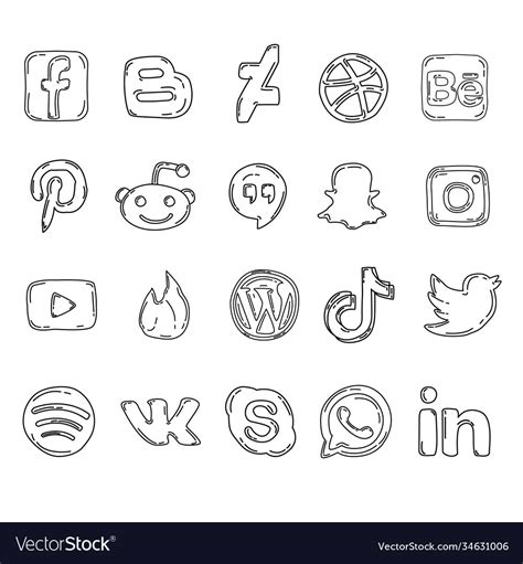 Social Media Icon Set Doodle Hand Drawn Or Black Vector Image