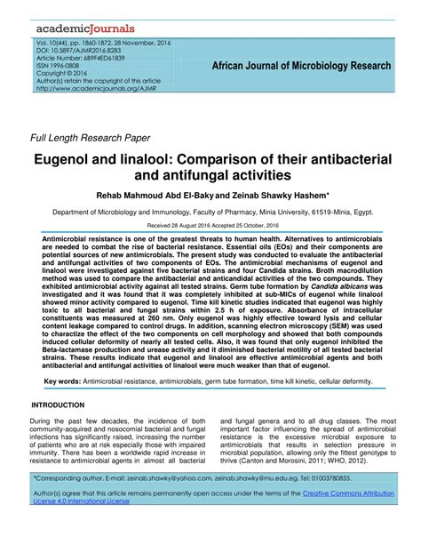 Pdf Eugenol And Linalool Comparison Of Their Antibacterial And