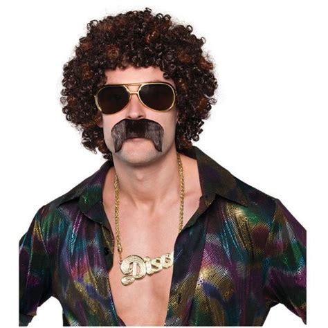 Adult Disco Hound Wig And Moustache Mens 70s Afro Fancy Dress Costume
