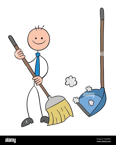 Stickman Businessman Character With Broom And Dustpan Sweeping The