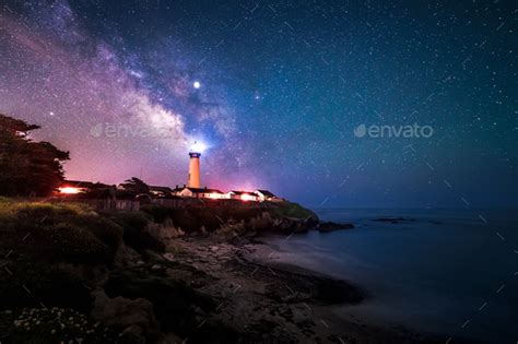 Milky Way At Pigeon Point Lighthouse Pescadero California Stock Photo