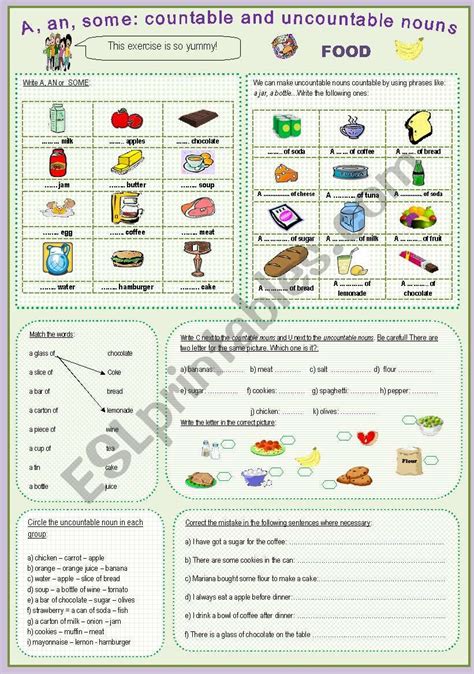 A An Some Countable And Uncountable Nouns Food Esl Worksheet By
