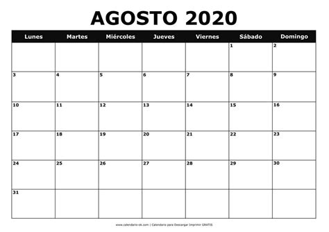 Plantilla Calendario 【agosto 2020】 Para Imprimir Pdf