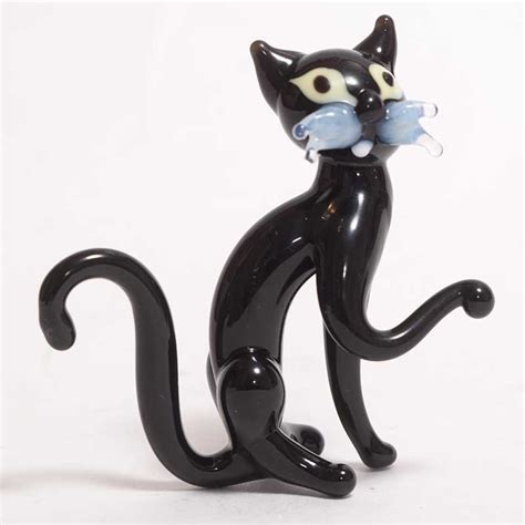 Black Sitting Glass Cat Figure Russian Blown Glass Figures