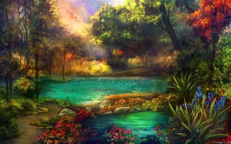 Art Oil Painting Beauty Landscape Lake Flower