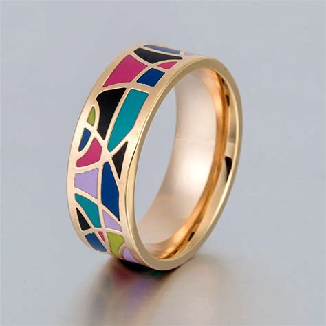 2017 Fashion Colorful Geometry Enamel Ring Vintage Colorful Stainless Steel Rings For Women