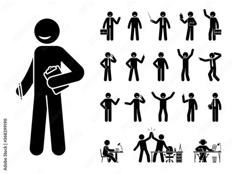Stick Figure Business Man Standing In Different Poses Design Vector
