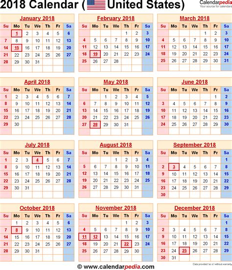 2018 Calendar With Holidays Usa