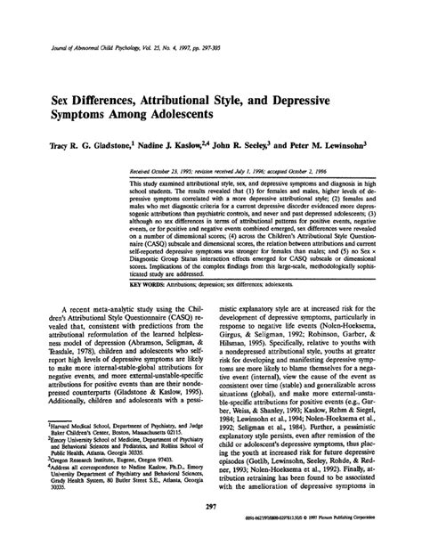 pdf sex differences attributional style and depressive symptoms among adolescents