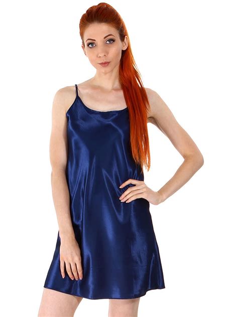 Simplicity Women S Sexy Sleepwear Satin Nightgown Silk Chemise Slip Dress Dark Blue L Xl
