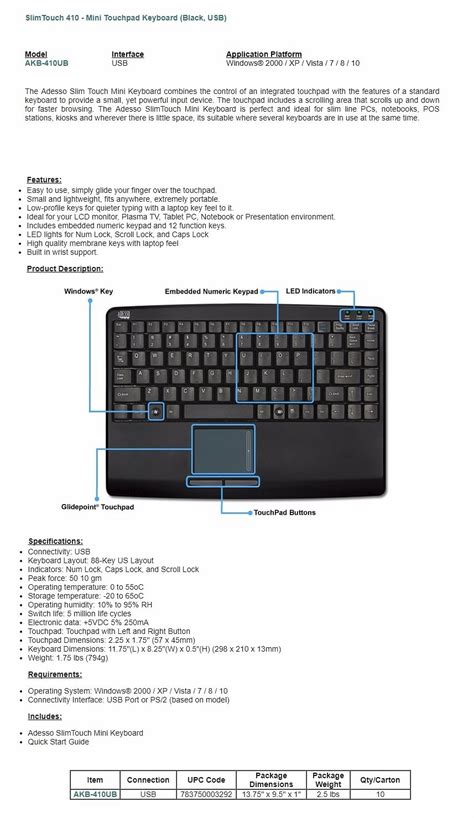 Adesso Slimtouch Mini Keyboard Usb With Touchpad Black