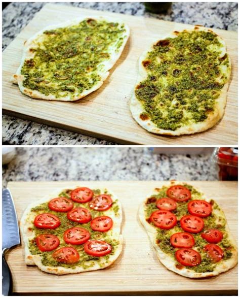 Grilled Caprese Flatbreads With Tomatoes Pesto Mozzarella And Balsamic