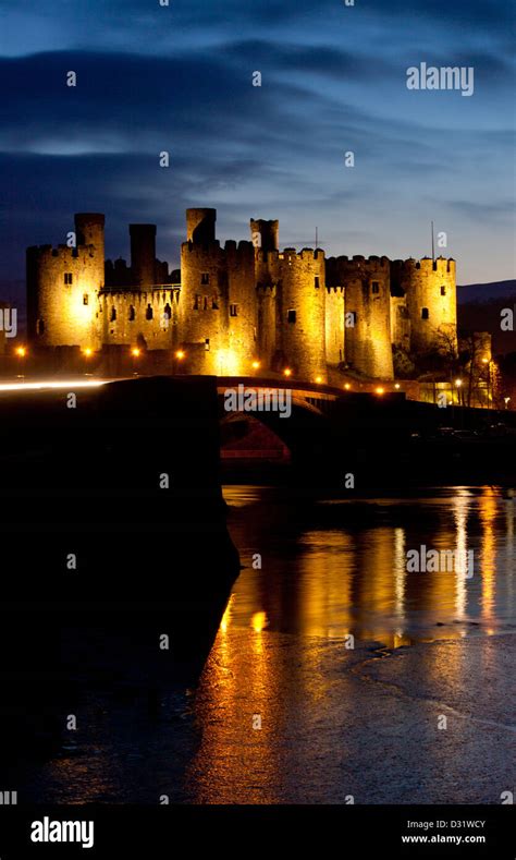 Conwy Castle At Twilight Night Dusk Conwy County North Wales Uk