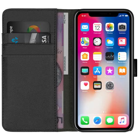 A protective case with a card holder and adjustable, detachable lanyard. Orzly Premium Leather Wallet Case - Apple iPhone Xs (Black)
