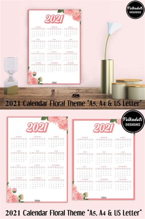 2021 Calendar Floral Theme A4 A5 Us Letter