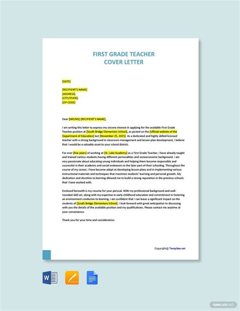 Free First Grade Teacher Cover Letter Template Word