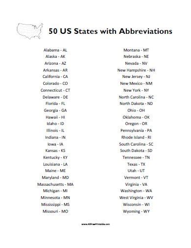 Printable Alphabetical List Of States