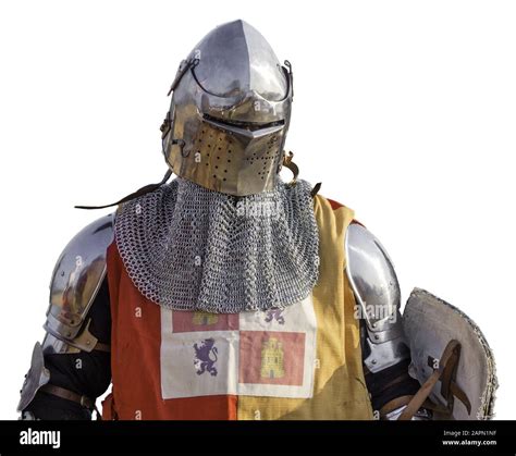 Spanish Medieval Knight With A Helmet And A Shield Isolated On A White