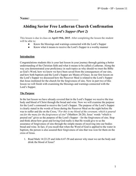 Abiding Savior Free Lutheran Church Confirmation The Lord`s Supper