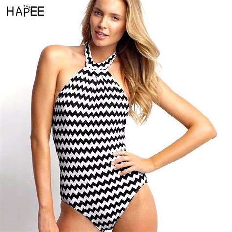 2017 sexy black and white striped swimsuit halter high neck one piece backless swimsuit woman