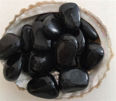 Some Black Rocks In A Shell On A Table
