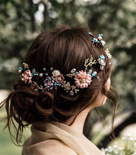 Flower Hair Vine Perfect For Your Bohemian Bride Pink And Turquoise Flowers Wedding Hair