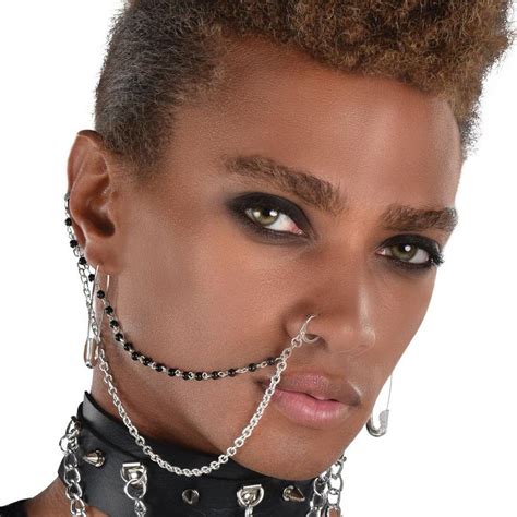 Safety Pin Earrings And Nose To Ear Chain Jewelry Set 3pc Punk Party City