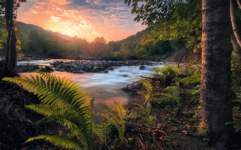 River Cascades Hills Rocks Sunset Reflections Sky Trees Hd