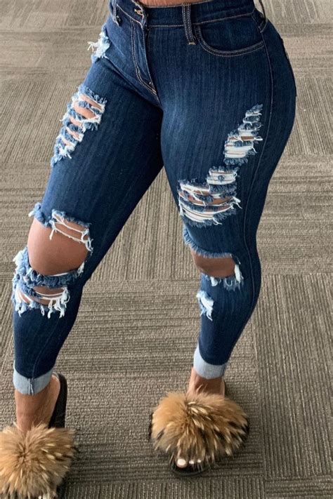 Dark Blue Fashion Casual Solid Ripped Mid Waist Regular Jeans Skinny Jeans Style Womens Jeans