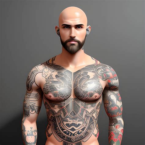 Fit dude, bald head, short beard and ear piercing, 3D. Nude pecs