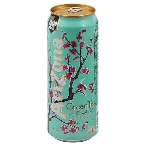 A Can Of Arizona Green Tea With Ginseng On The Inside And Pink Flowers