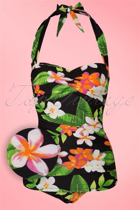 50s Classic Sheat Floral Swimsuit In Black