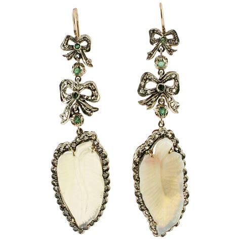Diamonds Red Coral Emeralds Jade Rose Gold And Silver Earrings For Sale At 1stdibs