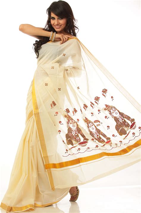 Ivory And Golden Kasavu Cotton Sari From Kerala With Little Krishna Embroidered On Anchal Set
