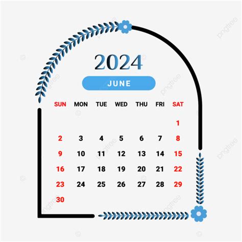 2024 June Month Calendar With Black And Skyblue Floral Design Vector