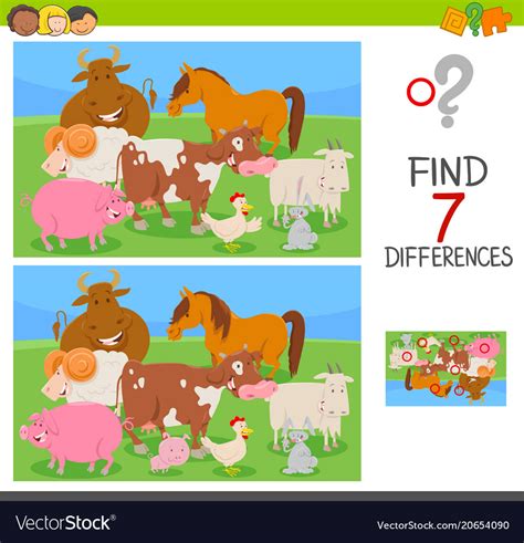 Find Differences Game With Farm Animals Royalty Free Vector